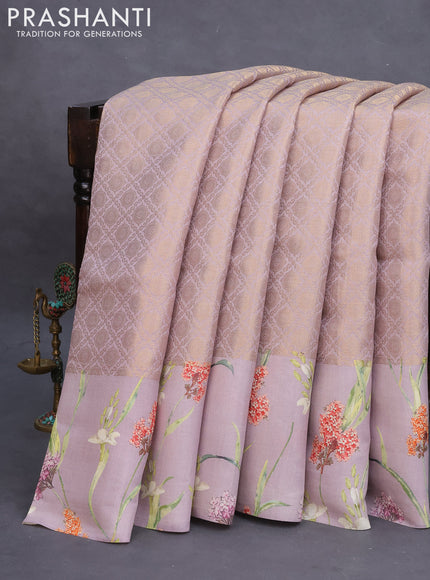 Banarasi silk saree pastel lavender with allover zari woven brocade weaves and floral digital printed border