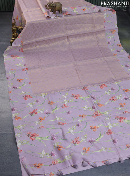 Banarasi silk saree pastel lavender with allover zari woven brocade weaves and floral digital printed border