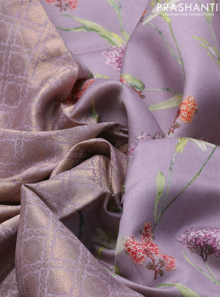 Banarasi silk saree pastel lavender with allover zari woven brocade weaves and floral digital printed border