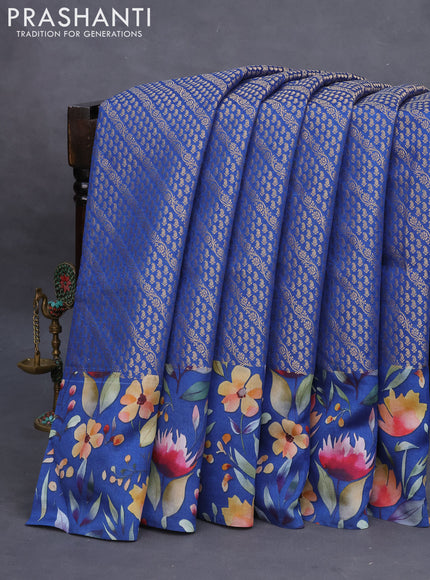 Banarasi silk saree blue with allover zari woven brocade weaves and floral digital printed border