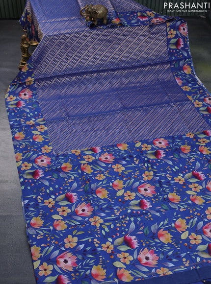 Banarasi silk saree blue with allover zari woven brocade weaves and floral digital printed border