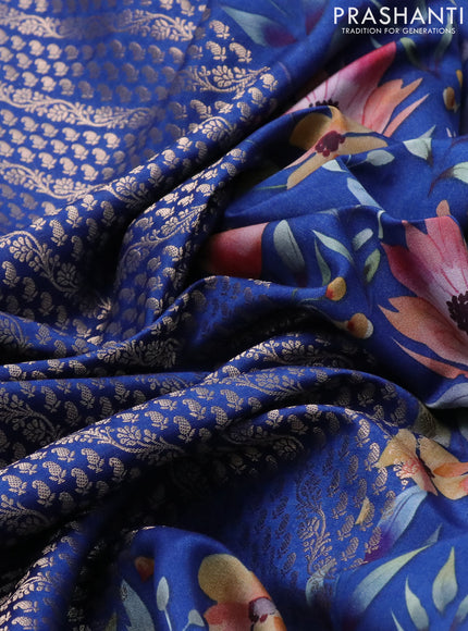 Banarasi silk saree blue with allover zari woven brocade weaves and floral digital printed border