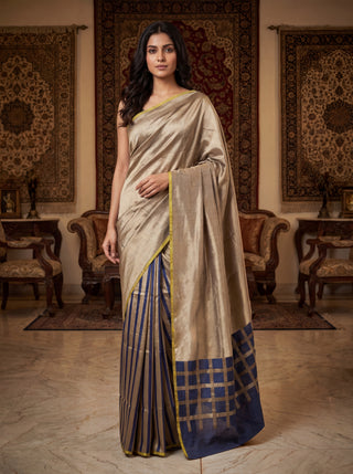 Banarasi tissue partly saree gold and navy blue with plain body and piping border