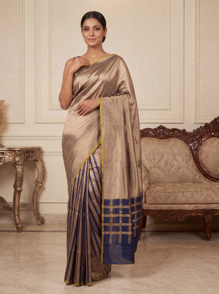 Banarasi tissue partly saree gold and navy blue with plain body and piping border