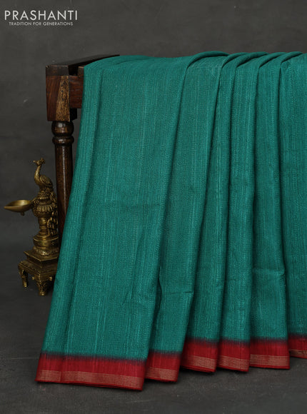 Semi tussar saree green and maroon with plain body and kalamkari printed pallu