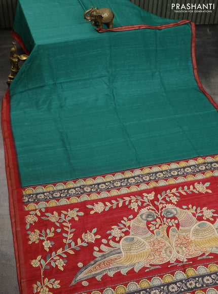 Semi tussar saree green and maroon with plain body and kalamkari printed pallu