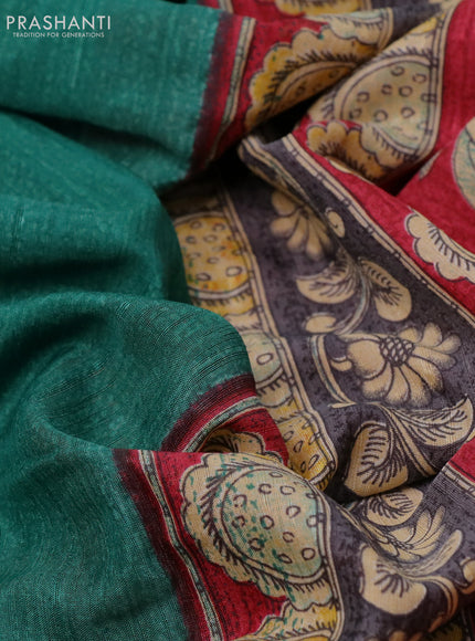 Semi tussar saree green and maroon with plain body and kalamkari printed pallu