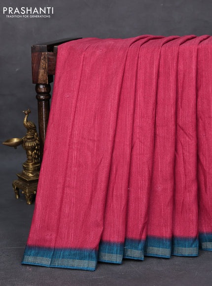 Semi tussar saree red and teal blue with plain body and kalamkari printed pallu