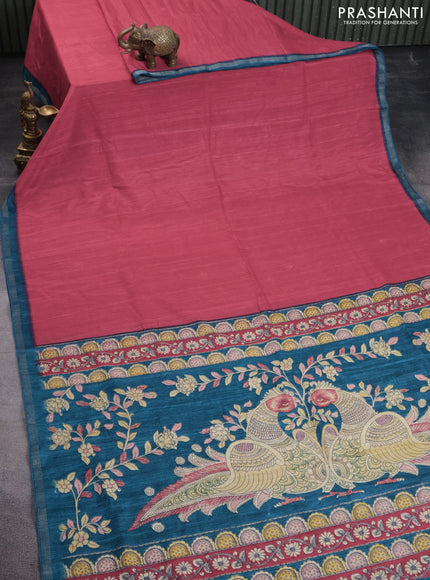 Semi tussar saree red and teal blue with plain body and kalamkari printed pallu