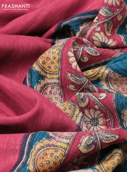 Semi tussar saree red and teal blue with plain body and kalamkari printed pallu