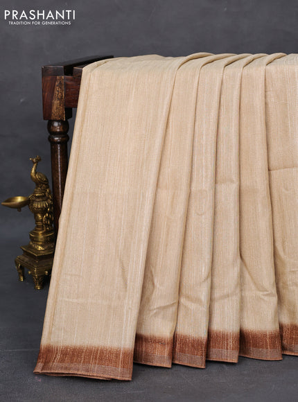 Semi tussar saree beige and brown with plain body and kalamkari printed pallu