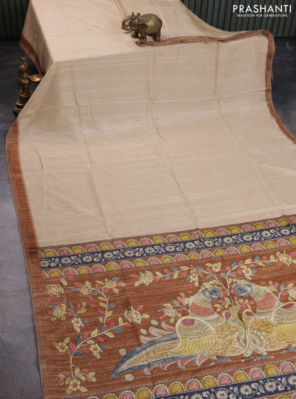 Semi tussar saree beige and brown with plain body and kalamkari printed pallu
