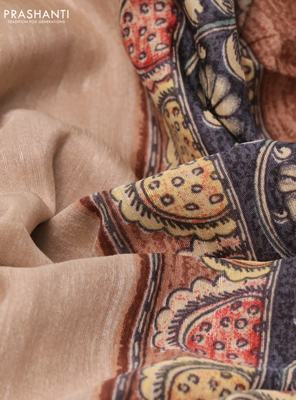 Semi tussar saree beige and brown with plain body and kalamkari printed pallu