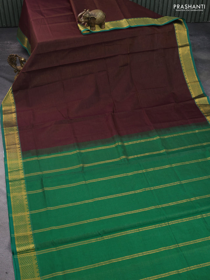Silk cotton saree deep wine shade and green with allover vairaosi pattern and zari woven border