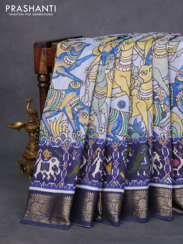 Matka tussar saree pastel grey and blue with allover kalamkari prints and zari woven border