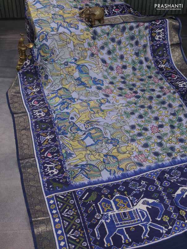 Matka tussar saree pastel grey and blue with allover kalamkari prints and zari woven border