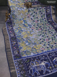 Matka tussar saree pastel grey and blue with allover kalamkari prints and zari woven border