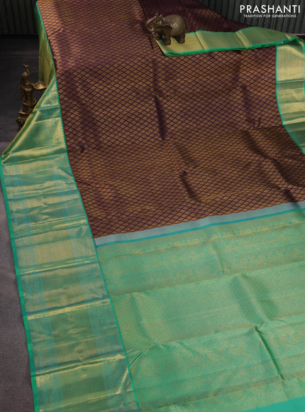 Pure kanchipuram silk saree deep purple and teal green with allover zari woven brocade weaves and long zari woven korvai border