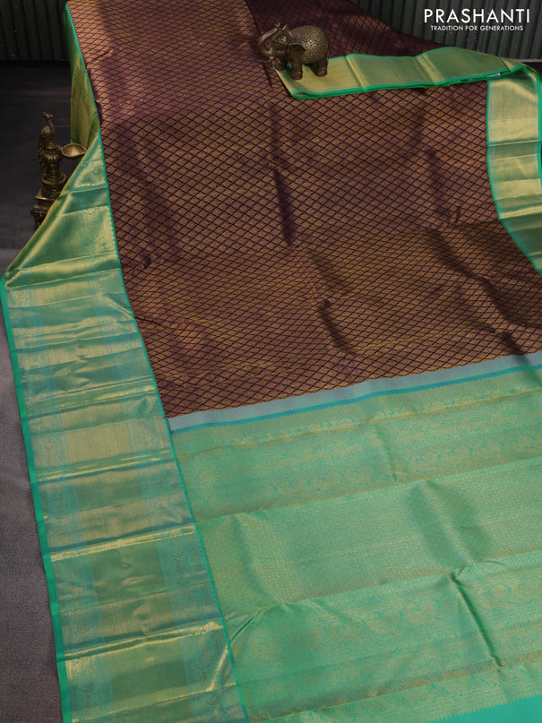 Pure kanchipuram silk saree deep purple and teal green with allover zari woven brocade weaves and long zari woven korvai border