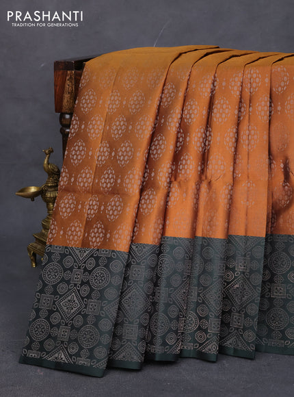 Pure soft silk saree mustard yellow and bottle green with allover silver zari woven brocade weaves and silver zari woven border