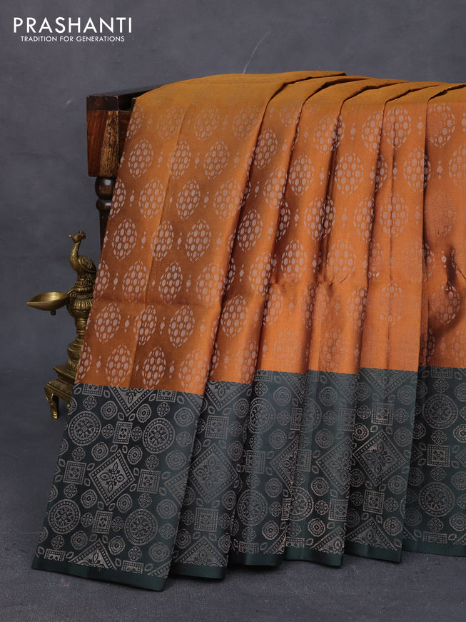 Pure soft silk saree mustard yellow and bottle green with allover silver zari woven brocade weaves and silver zari woven border