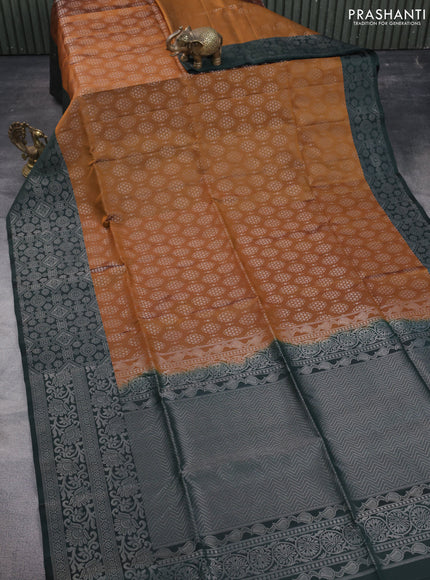 Pure soft silk saree mustard yellow and bottle green with allover silver zari woven brocade weaves and silver zari woven border
