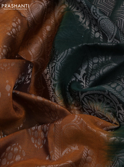 Pure soft silk saree mustard yellow and bottle green with allover silver zari woven brocade weaves and silver zari woven border