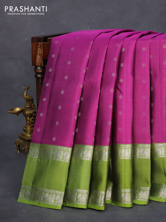 Pure soft silk saree purple and light green with allover zari woven buttas and rettapet zari woven border