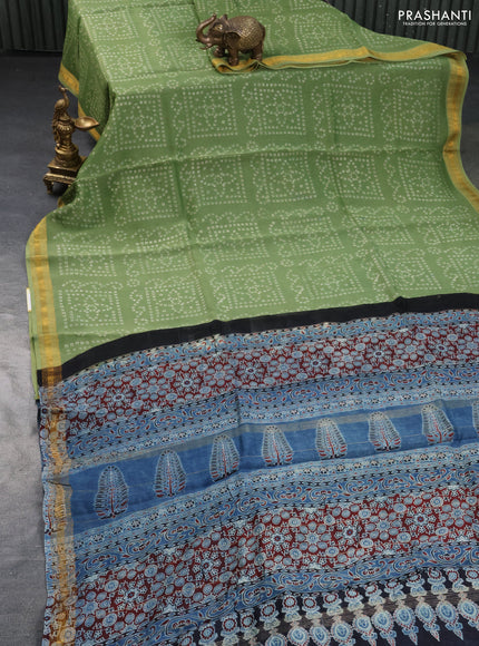 Chanderi bagru saree light green and blue with allover bandhani prints & ajrakh printed pallu and zari border & ajrakh printed pallu