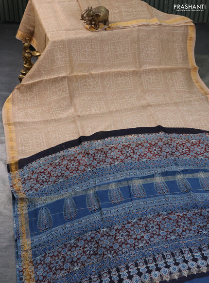 Chanderi bagru saree beige and blue with allover bandhani prints & ajrakh printed pallu and zari border & ajrakh printed pallu
