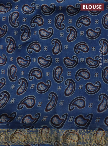 Chanderi bagru saree beige and blue with allover bandhani prints & ajrakh printed pallu and zari border & ajrakh printed pallu