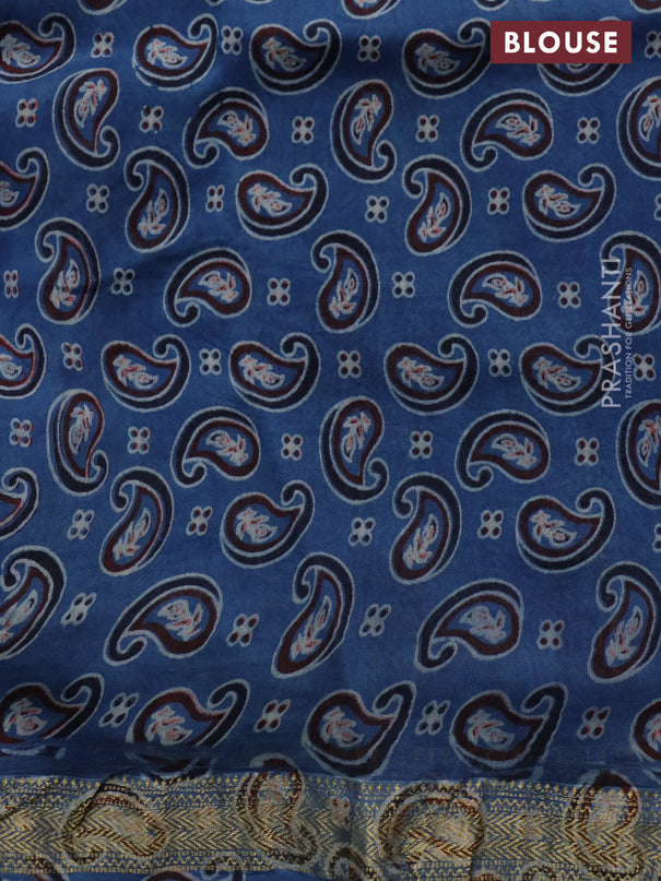 Chanderi bagru saree beige and blue with allover bandhani prints & ajrakh printed pallu and zari border & ajrakh printed pallu