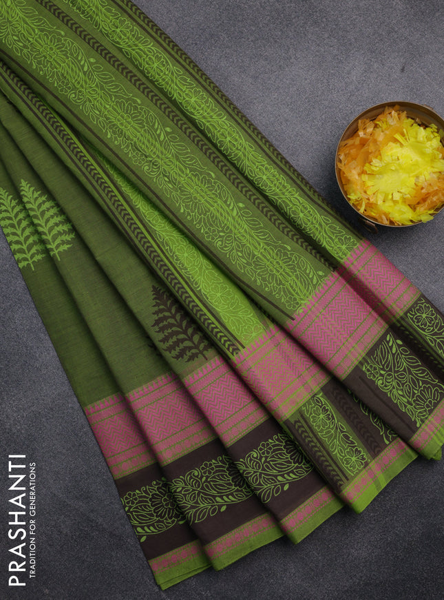 Chirala cotton saree green and coffee brown with butta prints and thread woven printed border