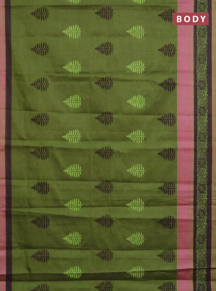 Chirala cotton saree green and coffee brown with butta prints and thread woven printed border