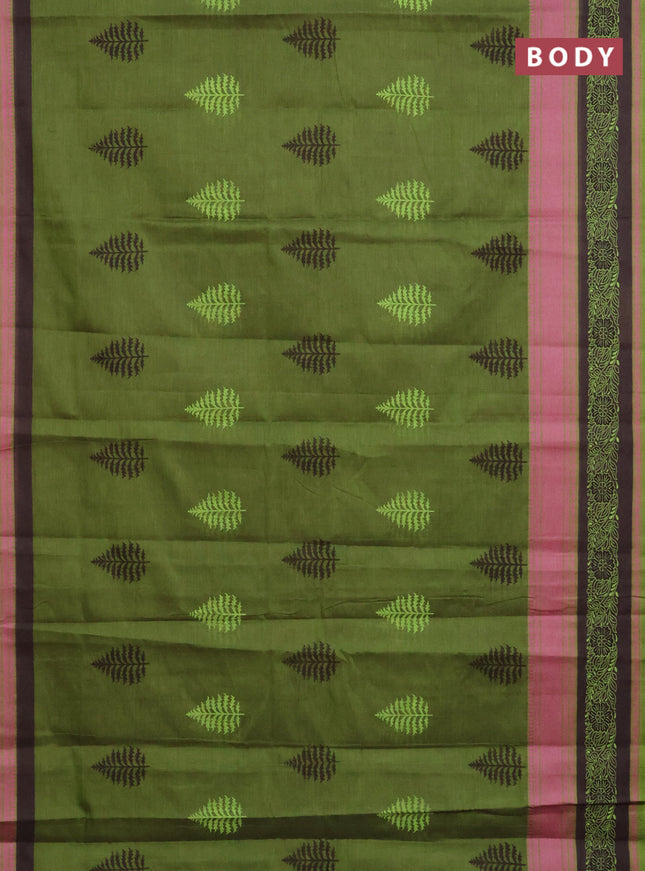 Chirala cotton saree green and coffee brown with butta prints and thread woven printed border