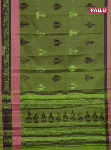 Chirala cotton saree green and coffee brown with butta prints and thread woven printed border