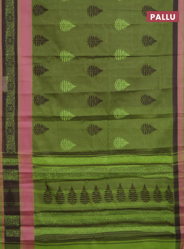 Chirala cotton saree green and coffee brown with butta prints and thread woven printed border