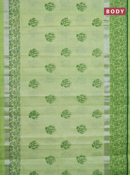 Chirala cotton saree pista green with floral buttas and silver zari woven printed border