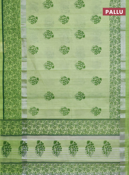 Chirala cotton saree pista green with floral buttas and silver zari woven printed border