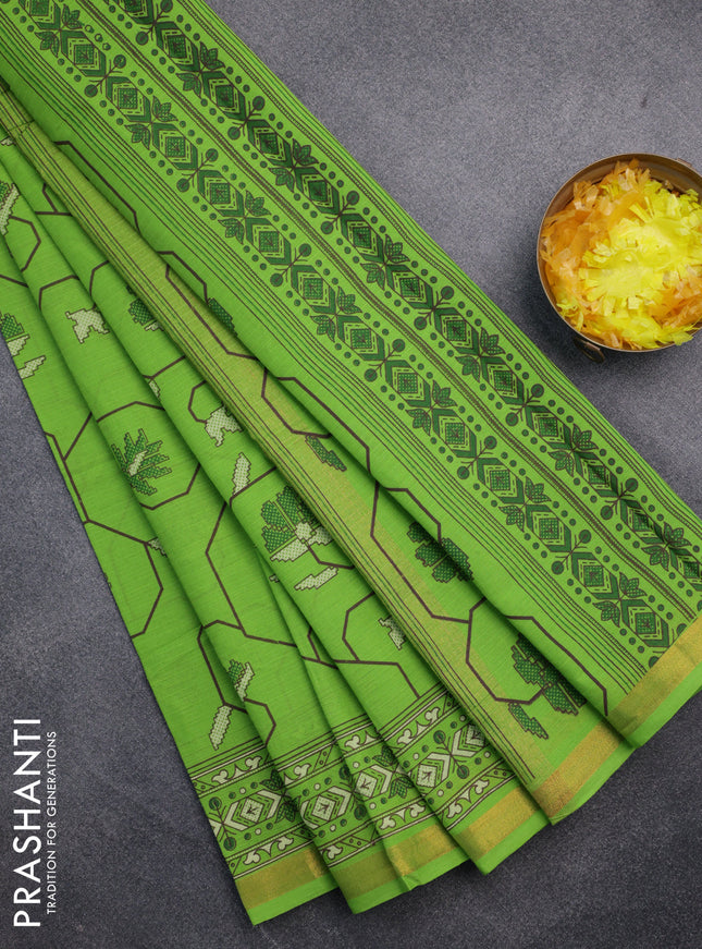 Chirala cotton saree light green with allover prints and printed zari border