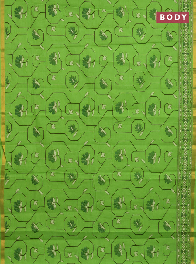 Chirala cotton saree light green with allover prints and printed zari border