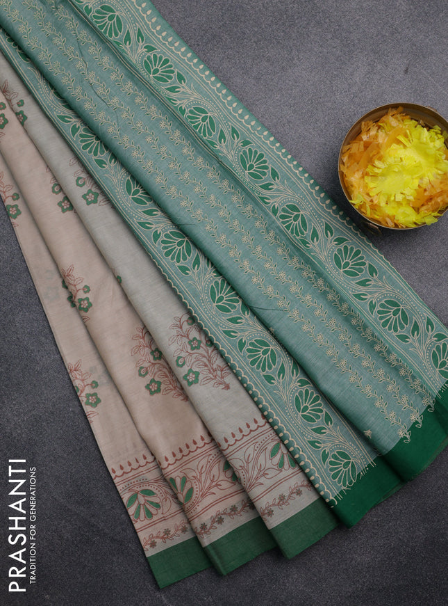 Chirala cotton saree beige and green with floral butta prints and printed border