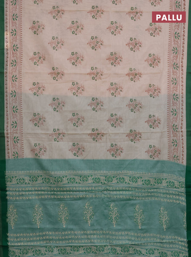 Chirala cotton saree beige and green with floral butta prints and printed border