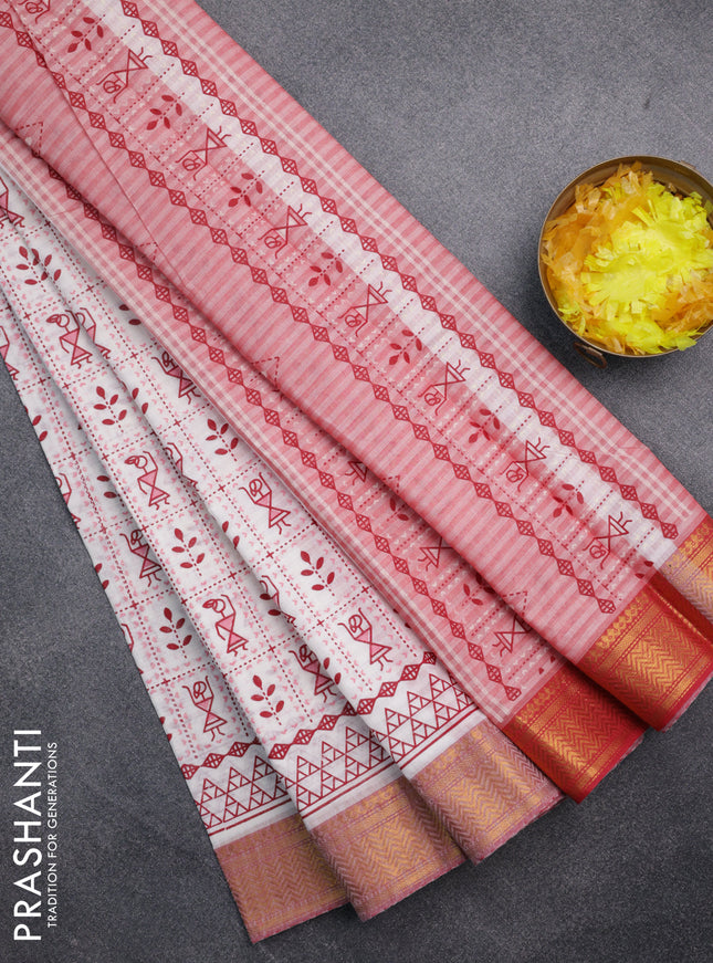 Chirala cotton saree off white and red with allover warli prints and zari woven border