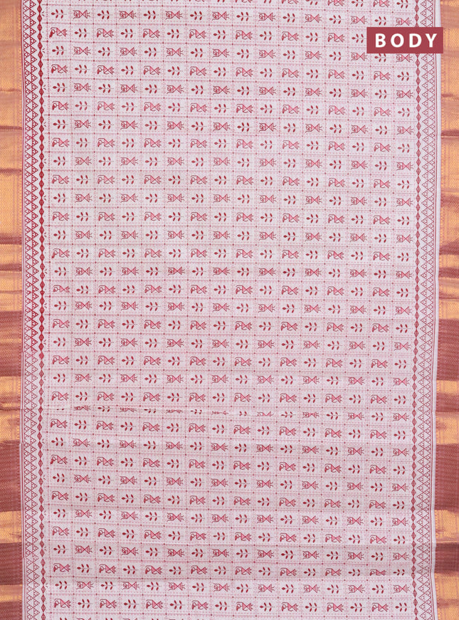 Chirala cotton saree off white and red with allover warli prints and zari woven border