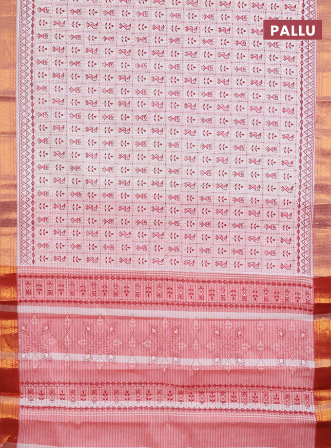 Chirala cotton saree off white and red with allover warli prints and zari woven border