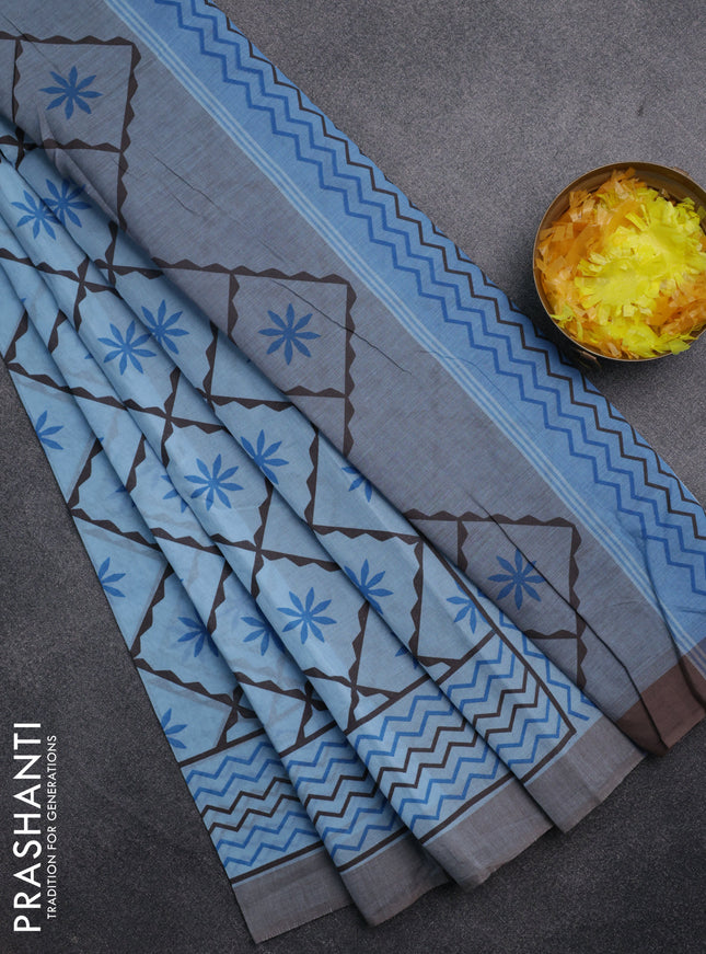 Chirala cotton saree light blue and grey with allover prints and printed border