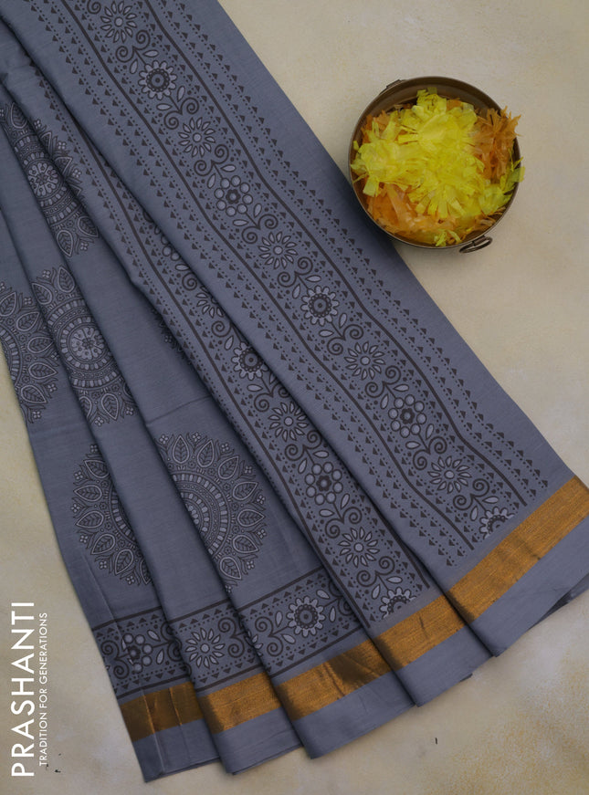 Chirala cotton saree grey with butta prints and printed zari border