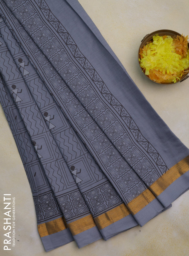 Chirala cotton saree grey with allover warli prints and zari woven border