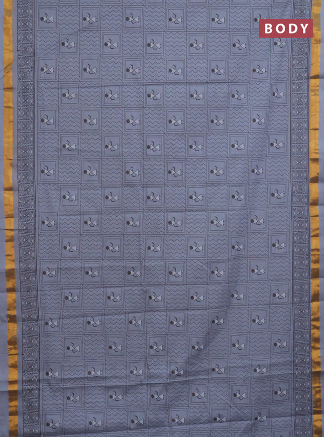 Chirala cotton saree grey with allover warli prints and zari woven border